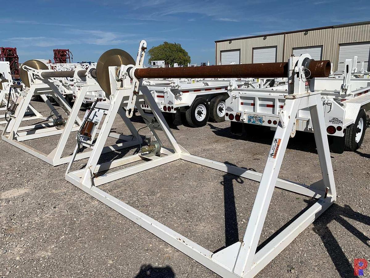 Used 94”W X 5’H REEL STAND W/ 28” DUAL CALIPER HYDRAULIC HAND BRAKE