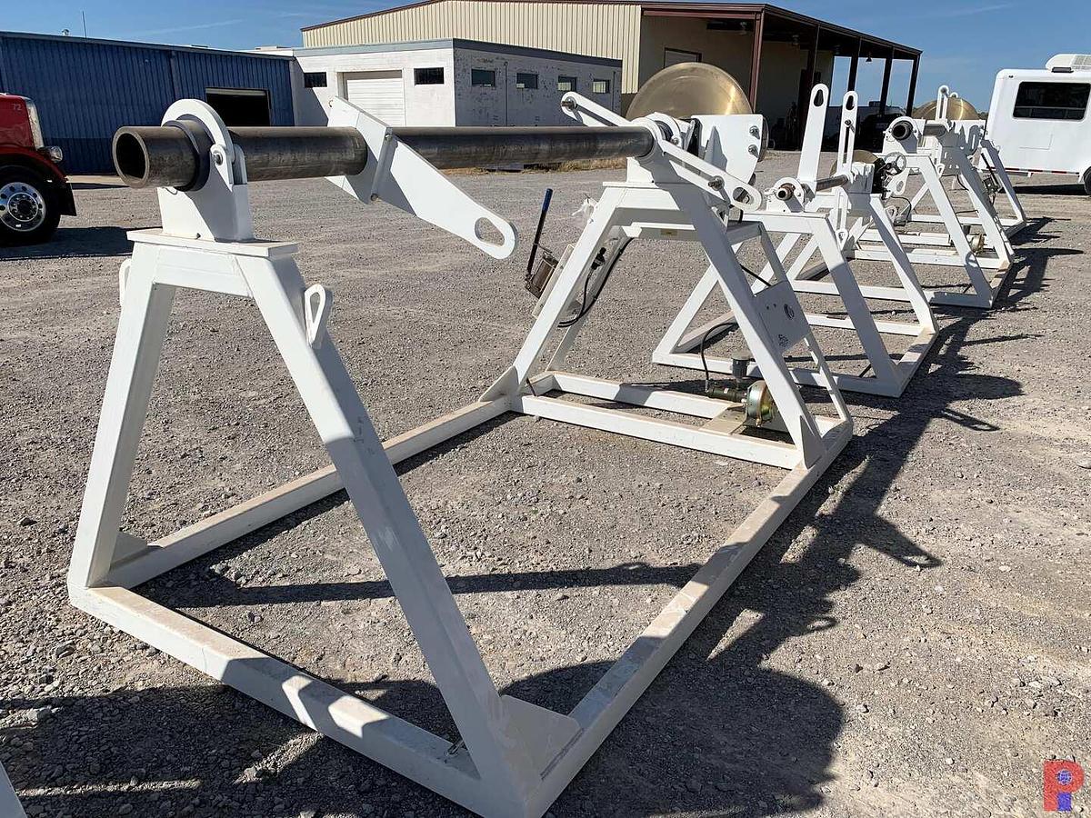 Used 94”W X 5’H REEL STAND W/ 28” DUAL CALIPER HYDRAULIC HAND BRAKE