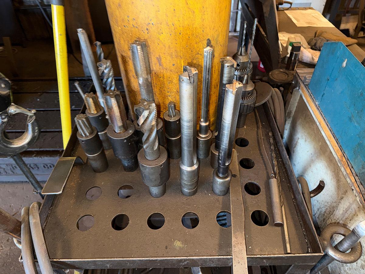 Used SECTION OF (4) TOOL RACK/ TABLES / ROLLING / CART W/ CONTENTS OF RADIAL ARM DRILL PRESS TOOLING & RELATED