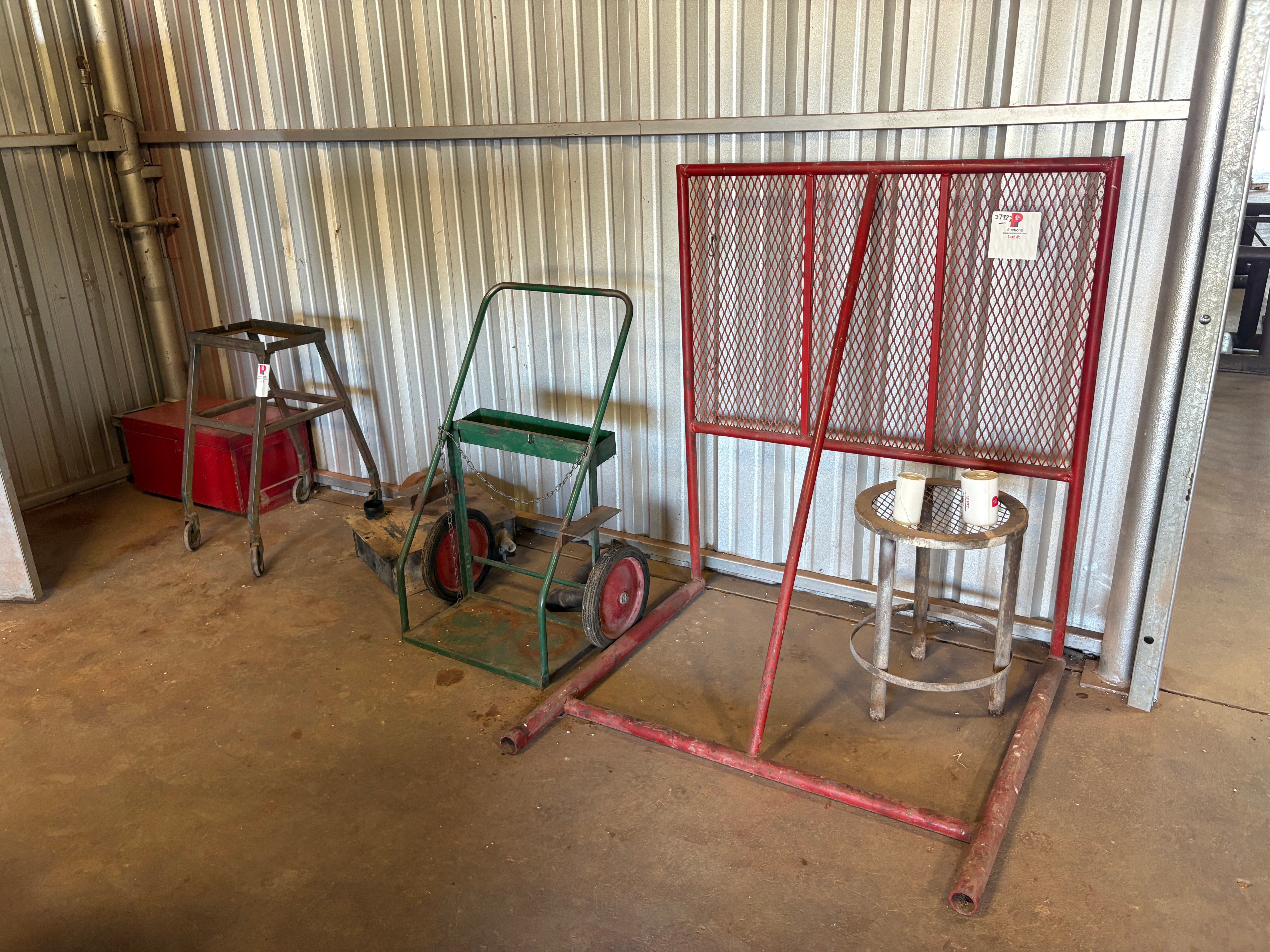 Used Gas bottle dolly, 19” x 12” x 36” rolling cart, 17” x 29” x 16” crate, & 51” x 60” standing rack