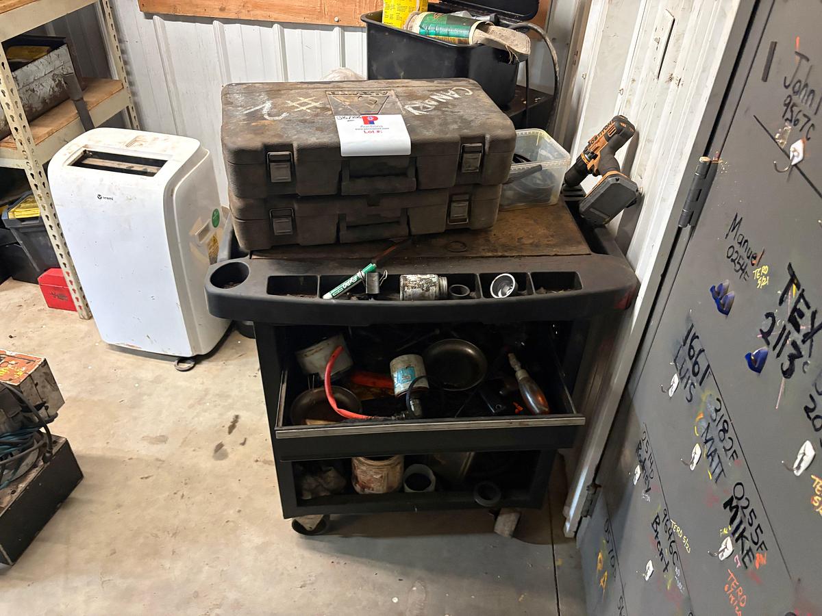 Used 34” x 18” x 33” tool cart w/ contents, kenmore mini fridge, (2) alemite electric grease guns