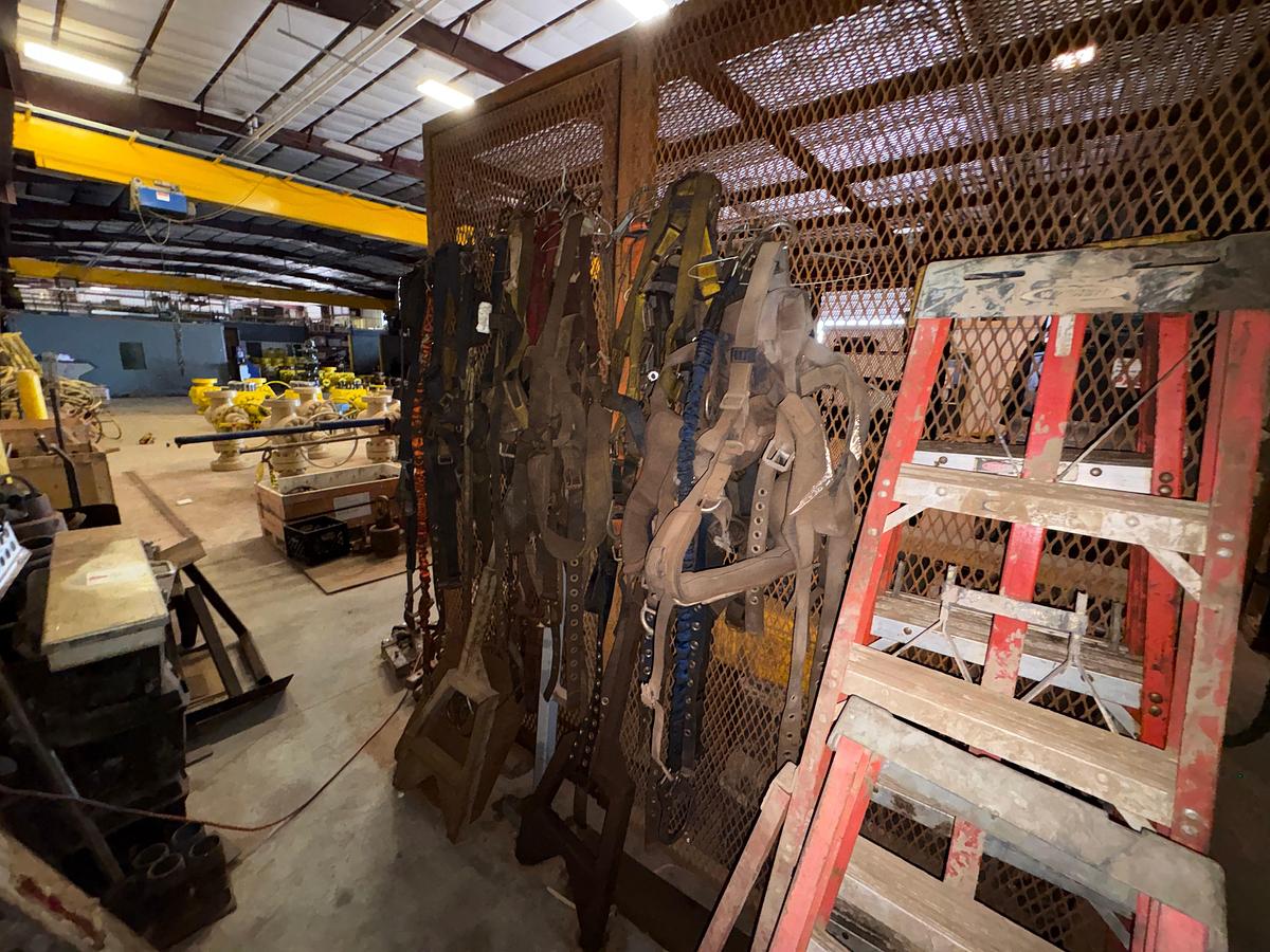 Used Lot w/ (3) job boxes w/ contents, trailer hitches, air & hydraulic hoses, safety harnesses, ladders, etc.