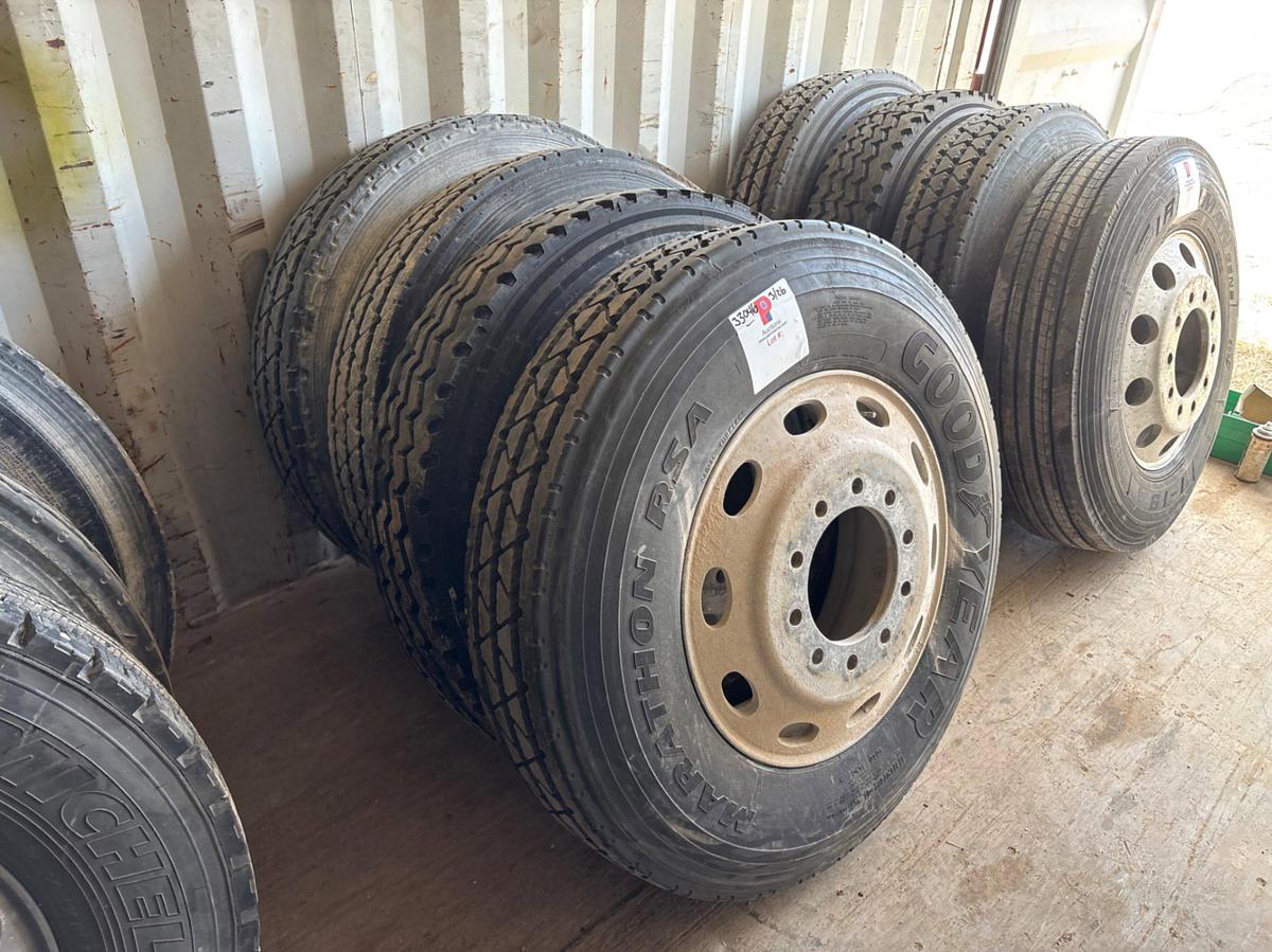 Used (4) 11r24.5 tires w/ 10-lug wheels