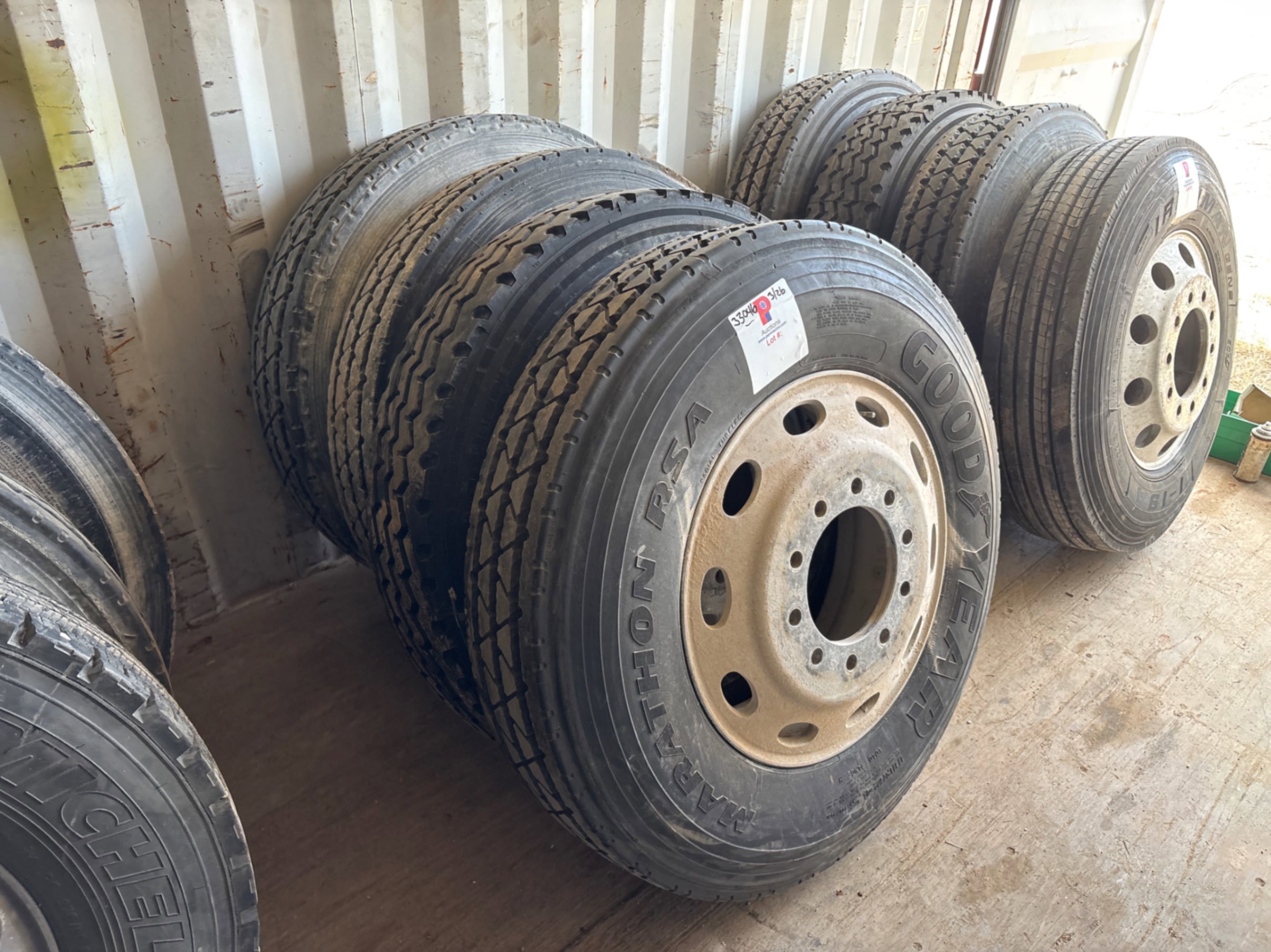 Used (4) 11r24.5 tires w/ 10-lug wheels
