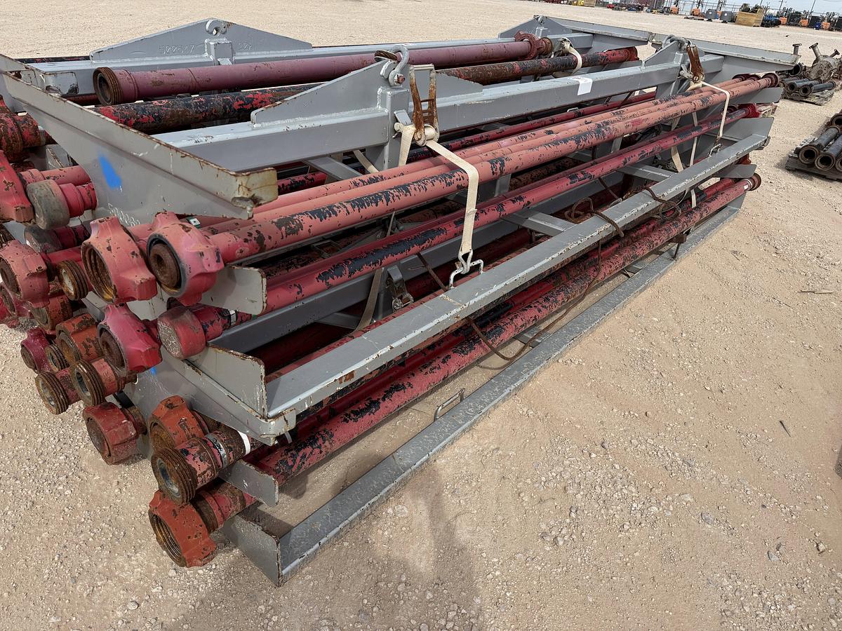 Used (18 X $) (10) 2” X 15’L & (8) 3” X 15’L FIG 1502 15K WP FLOW IRON W/ (2) 2-TIER STACKABLE PIPE RACKS