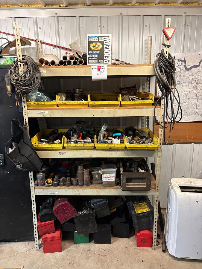 Used 4’ x 2’ x 6’ shelving w/ assorted test pump gauges, needle valves, hydraulic fittings, packing/seals, toolboxes, etc.