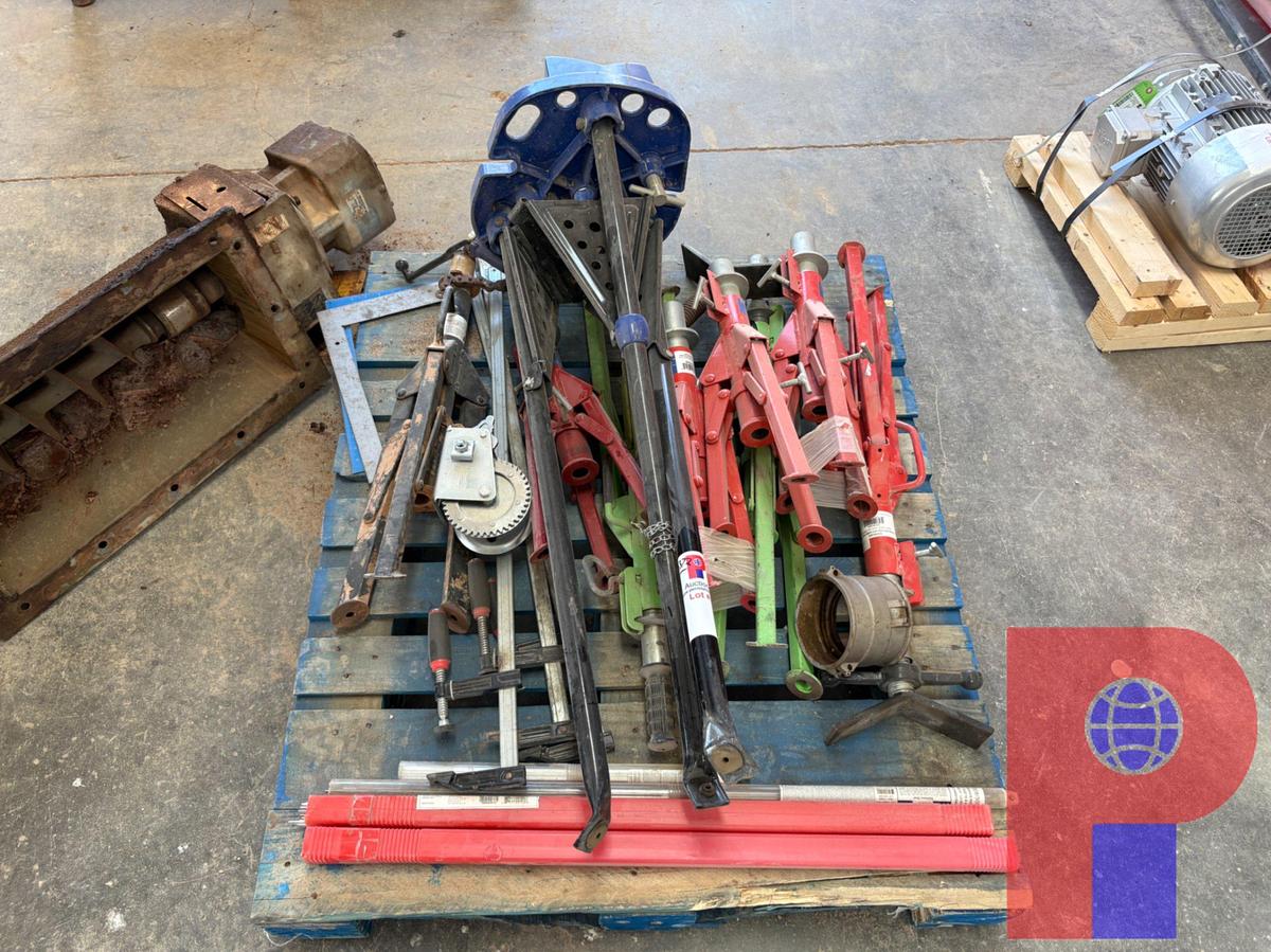 Used PALLET OF PIPE/TOOL STANDS, CLAMPS, SQUARES, & WELDING RODS