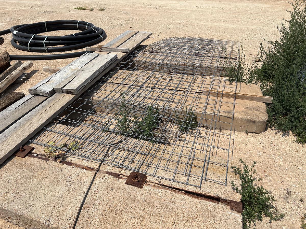 Used (2) rolls 330’ x 48” & (2) rolls of 330’ x 38” galvanized fence, assorted wooden posts, 3” poly pipe, etc