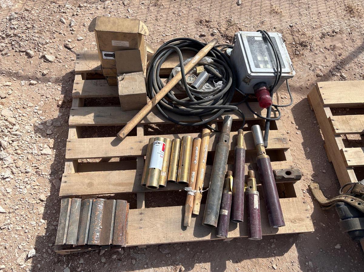 Used Pallet w/ assorted sucker rod overshots & fishing tools, slip dies, Otis 7010 monitor, tool handles