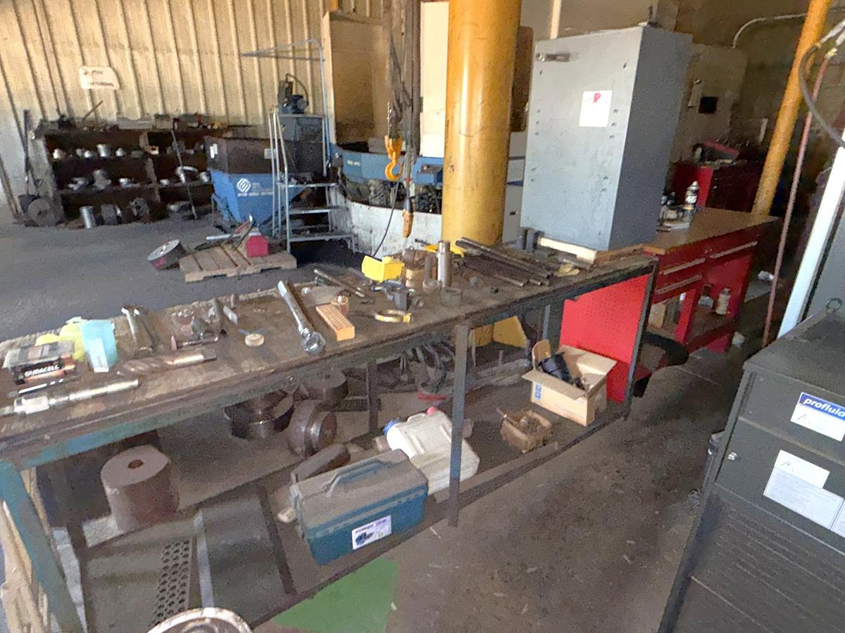 Used SECTION W/ (2) WORK BENCHES, SMALL METAL CABINET INCLUDING CONTENTS OF MACHINE CUTTING TOOLS, SOME HAND TOOLS, & RELATED