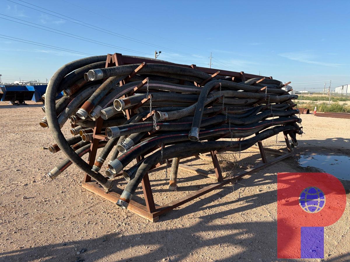 Used (42) 20’ X 4” 150PSI TANK TRUCK SUCTION HOSES W/ 17’ X 68” X 7’ STORAGE RACK