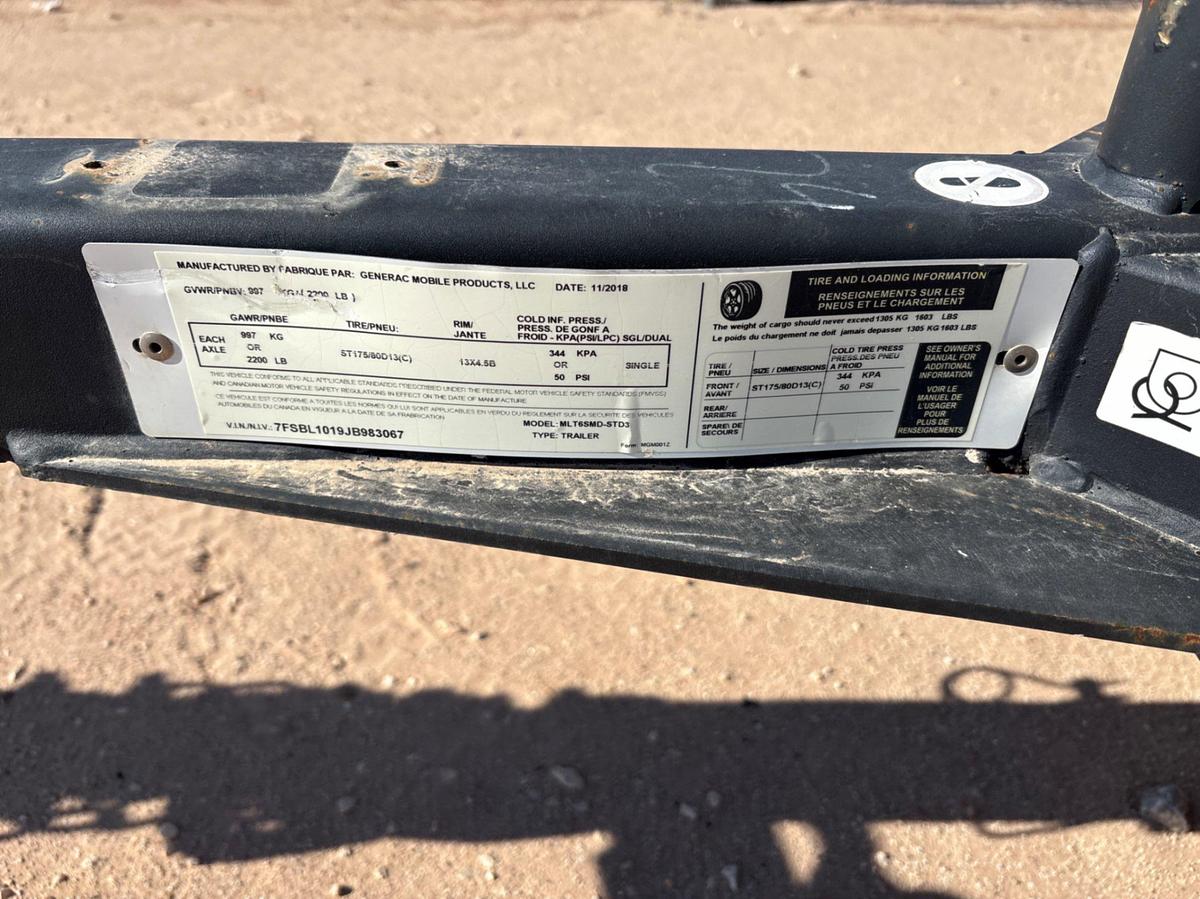 Used 2018 GENERAC MLT6SMD 6KW S/A BUMPER PULL LED LIGHT TOWER