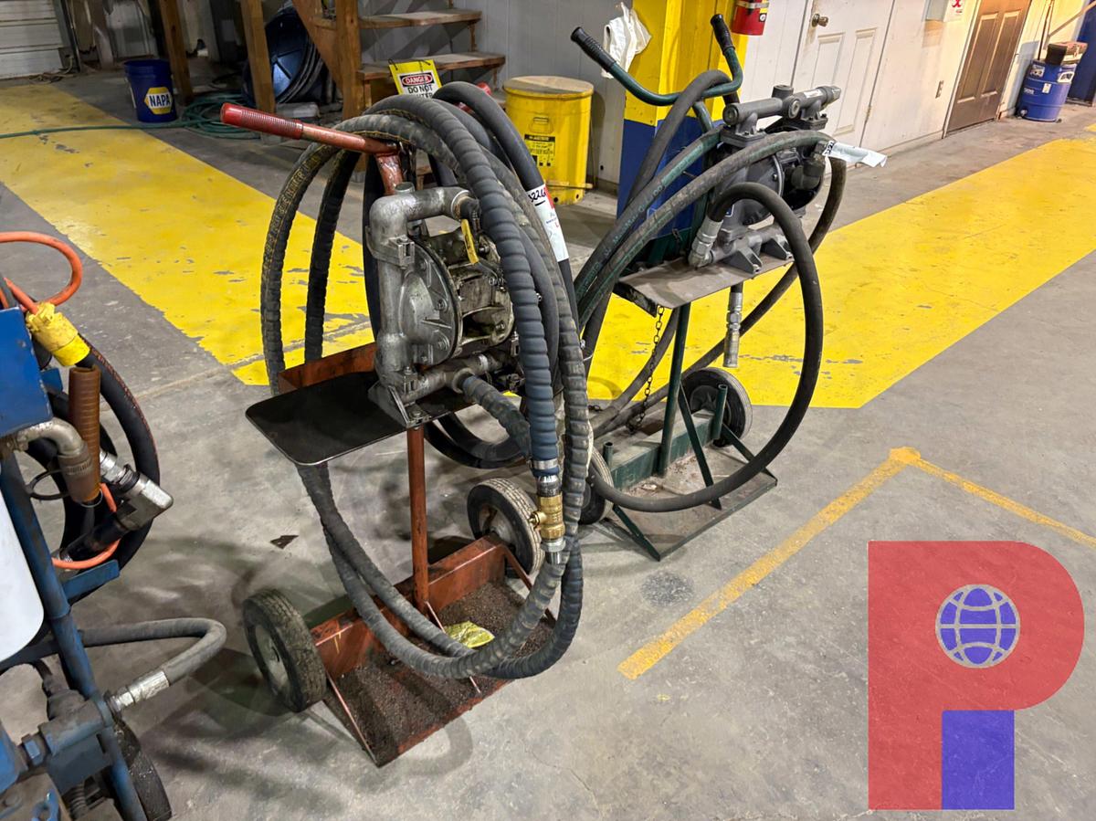 Used (2) GRACO PORTABLE DIAPHRAGM PUMPS W/ SUCTION HOSE & 2-WHEEL DOLLY