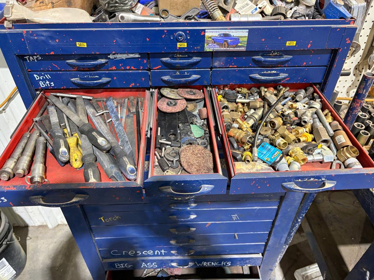 Used 34” x 18” x 60” tool box w/ contents
