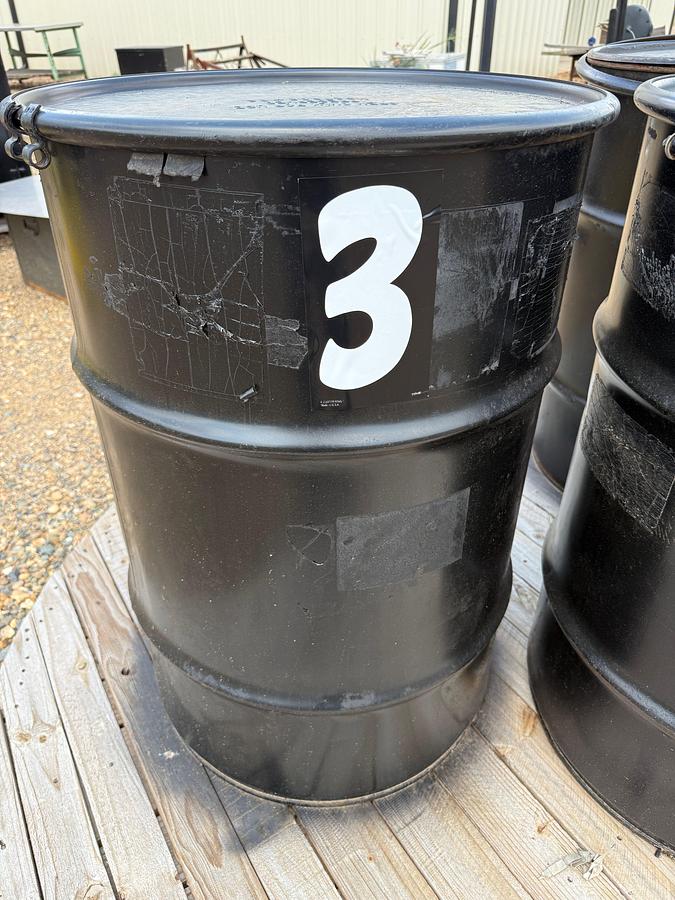Used (3) 55 gallon drums of Triangular Ceramic Abrasive Polishing Tumbling Media. Approximately 700 lbs. in each drum.
