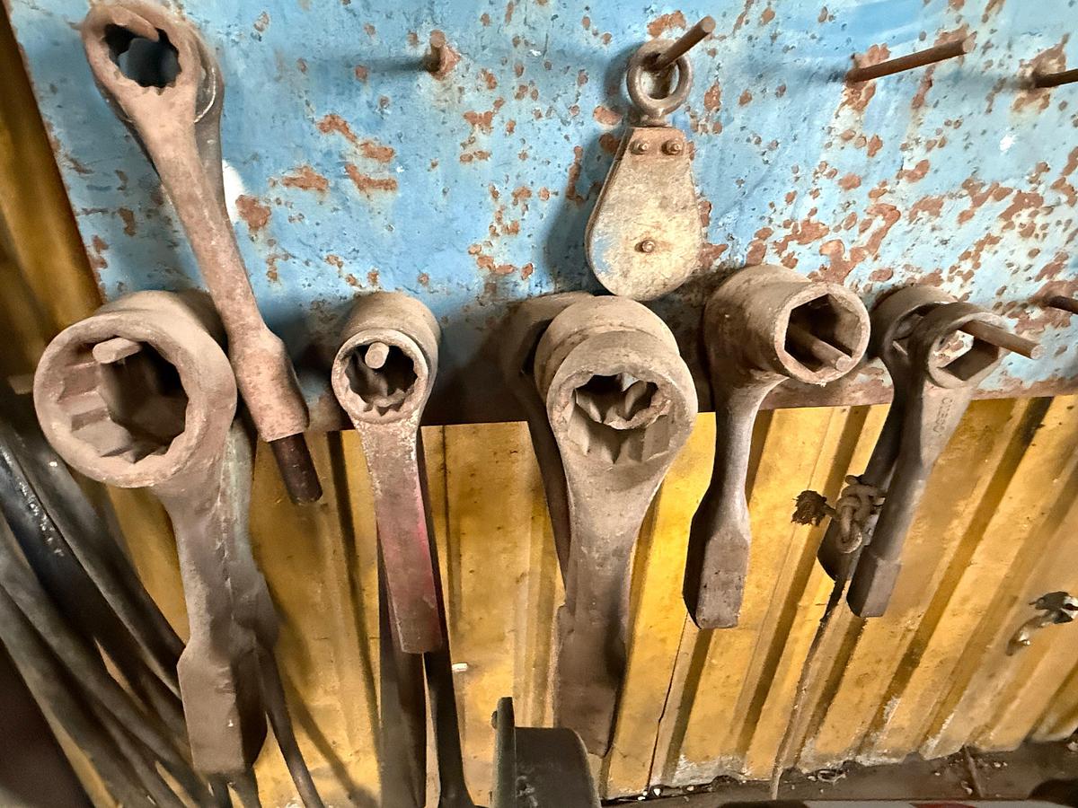 Used WALL SECTION W/ 8” & 6” ELETRIC BENCH GRINDER, WALL OF HAMMER WRENCHES & RELATED