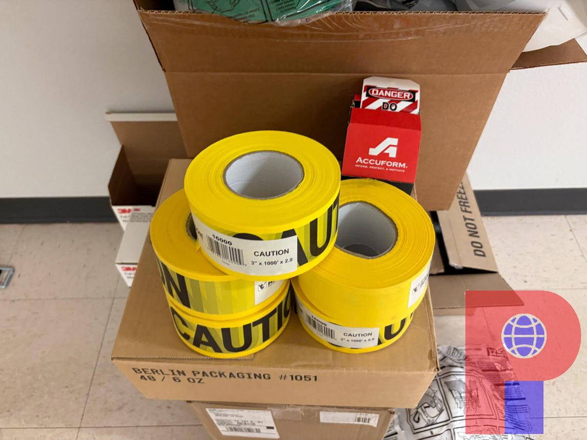 Used LOT OF ASSORTED HARD HATS, CAUTION TAPE, RESPIRATOR MASKS, LOCK-OUT TAGS, ETC.