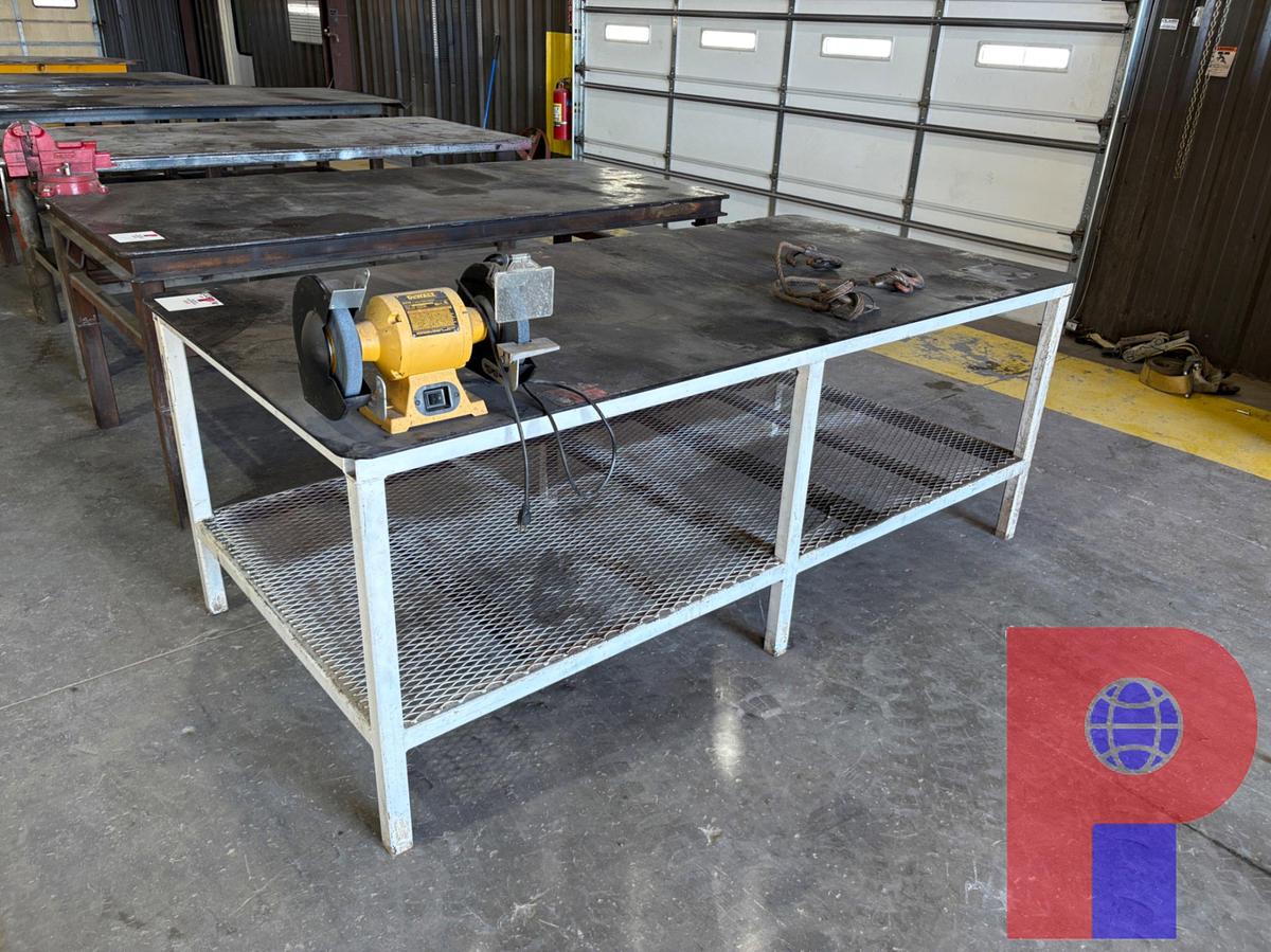 Used 8’ X 4’ X 3’ STEEL SHOP TABLE W/ BENCH GRINDER