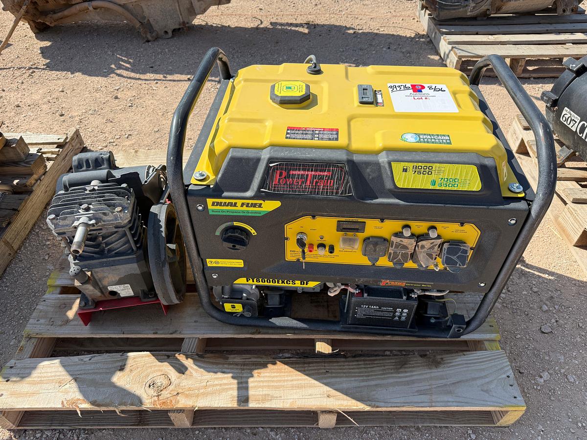 Used PALLET W/ POWERTRAIN PT8000EXCS-DF DUAL FUEL 8K WATT GENERATOR & VT470000AV AIR COMPRESSOR P/B ELEC MOTOR