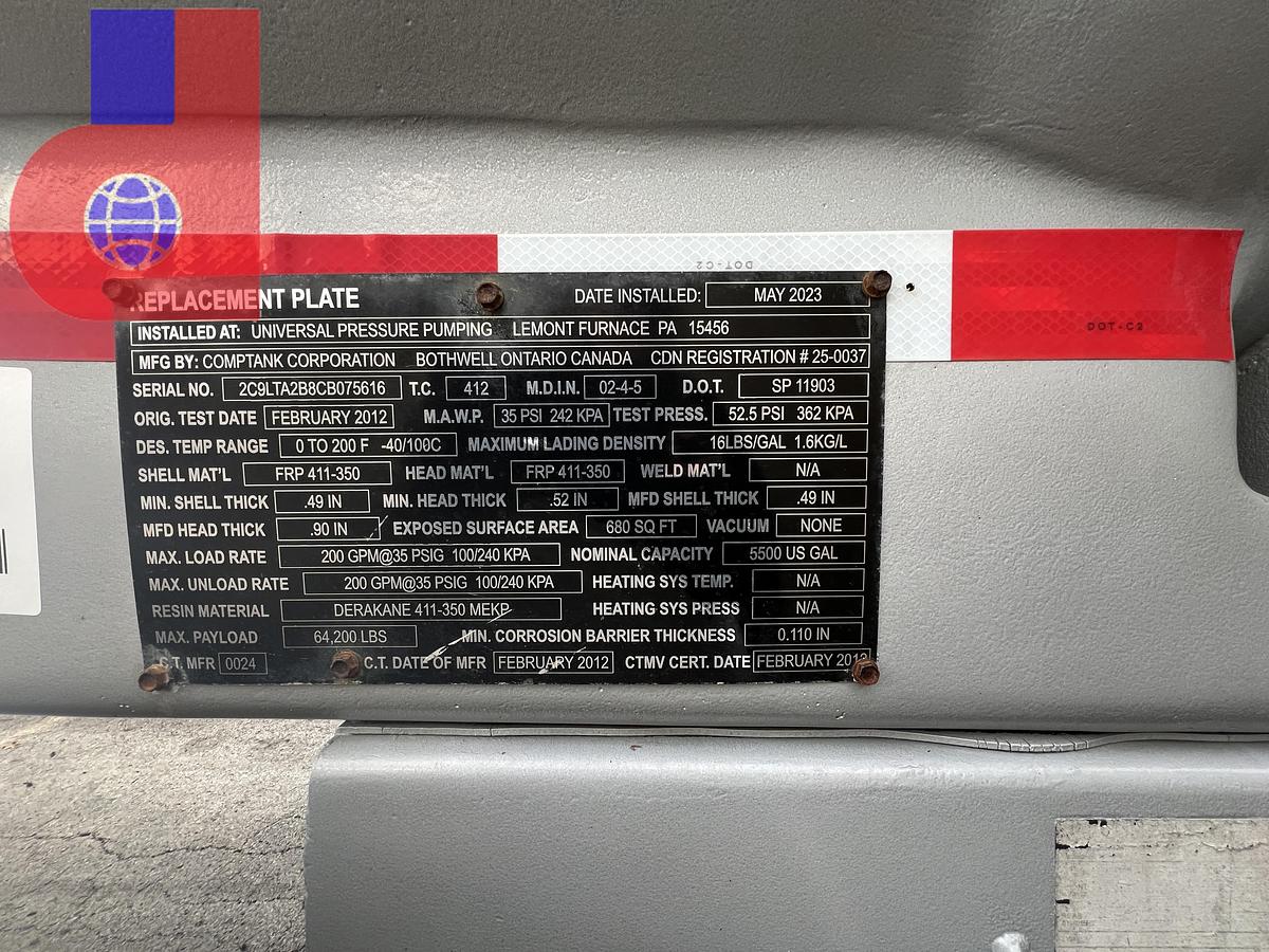 Used 2012 COMPTANK CORPORATION  5,500 GAL.T/A ACID TRANSPORT TRAILER *FRESH VIK INSPECTION*