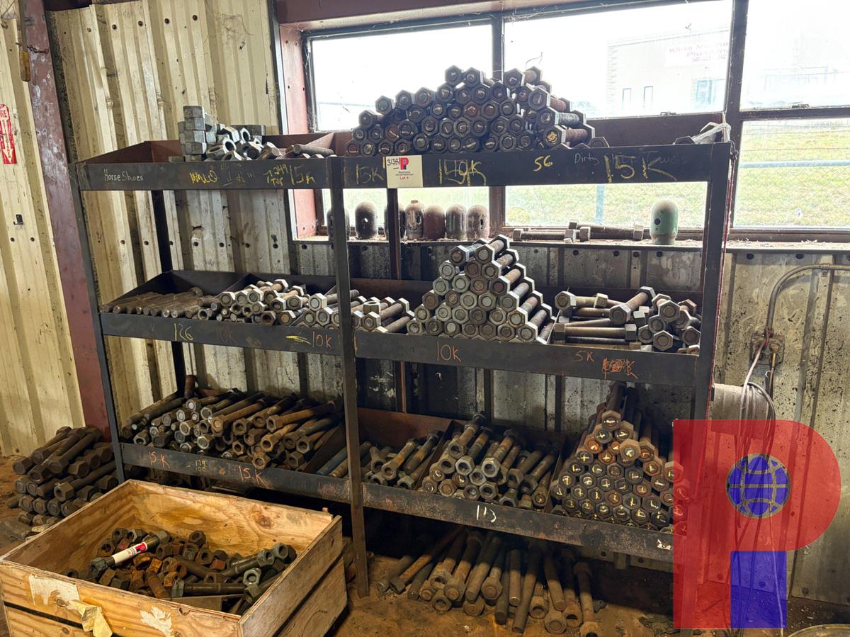 Used 8’ X 1.5’ X 5’ SHELVING UNIT W/ ASSORTED 1-1/2” & 2” STUD BOLTS