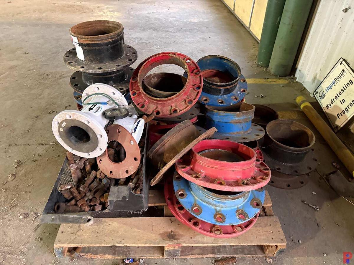 Used PALLET W/ (2) 10” HD WATER MANIFOLD FLANGES & SEAMETRICS 4” FLOW METER