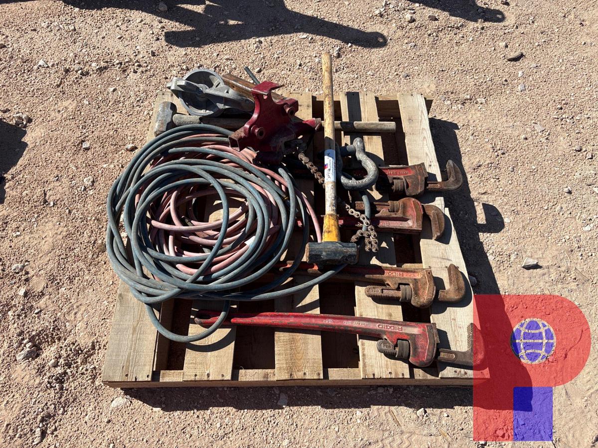 Used PALLET OF ASSORTED PIPE WRENCHES, HAMMERS, PIPE VISE, AIR HOSES
