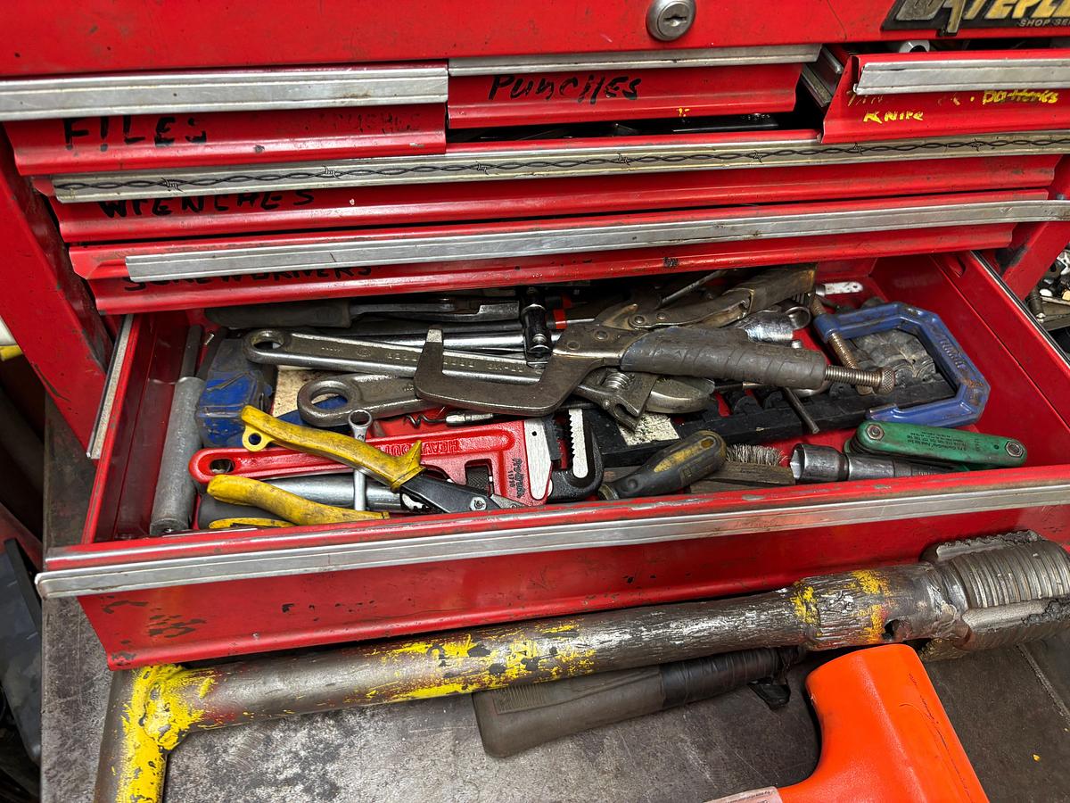 Used 64” x 40” x 41” metal shop table w/ contents