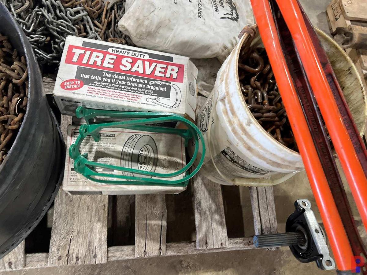 Used 2 PALLETS HAUL TRUCK WINTER TIRE CHAINS, 2- TIRE CHAIN REPAIR TOOLS, & TIRE SAVERS