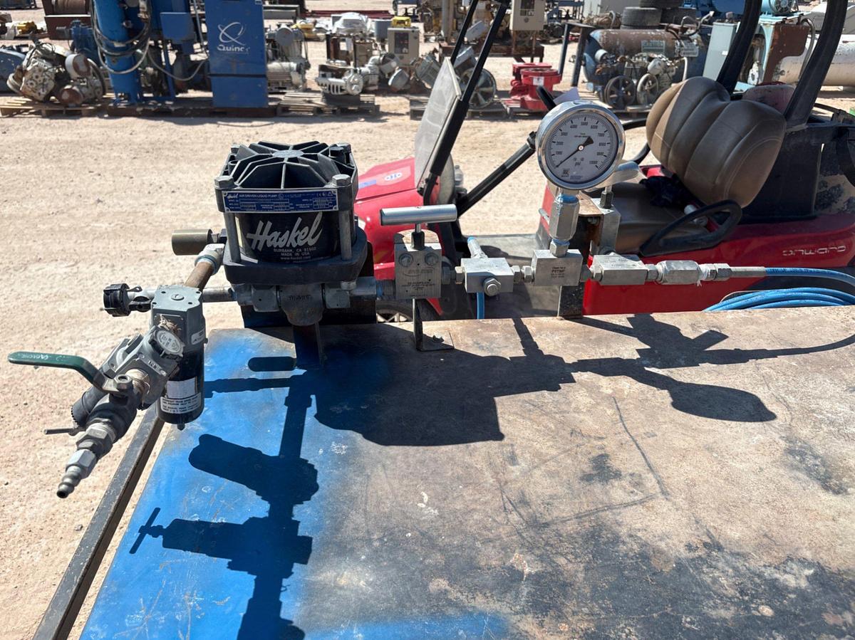 Used (2) pressure test stumps w/ Haskell asf-150 air driven liquid pump & table