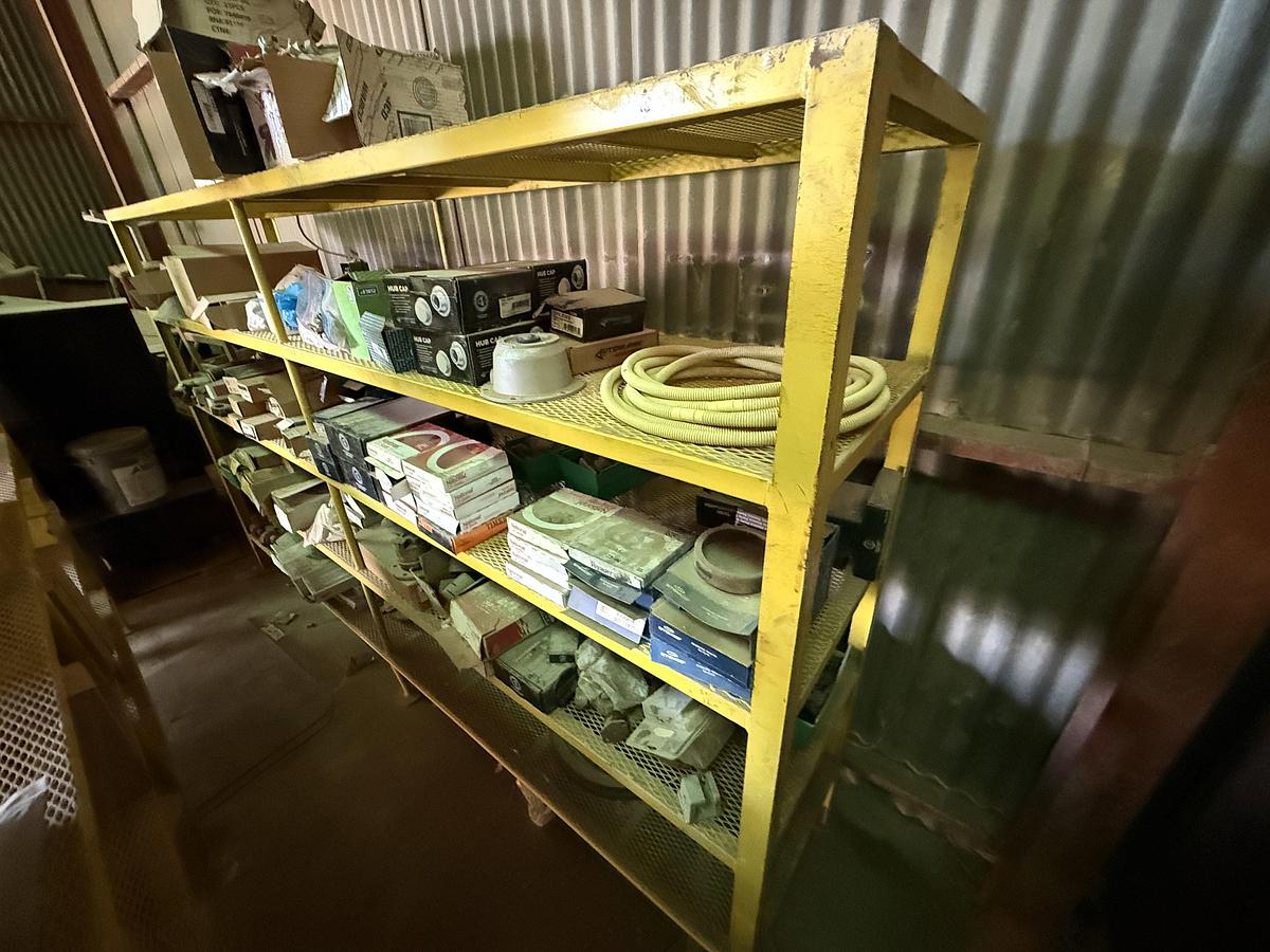 Used (2) 120”L X 24”W X 72”H 5-TIER METAL RACKS W/ TRUCK & ENGINE PARTS CONTENTS