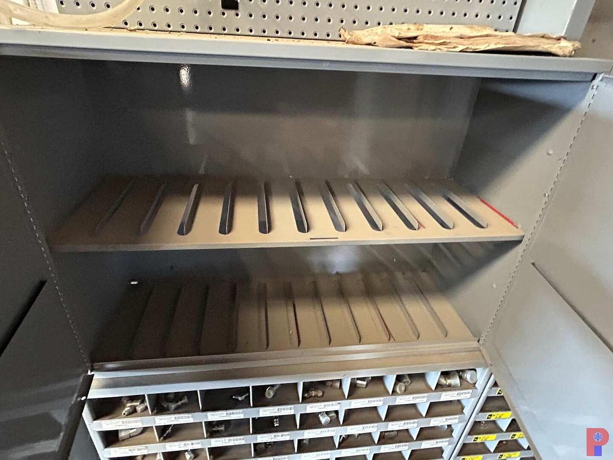 Used KIMBALL MIDWEST 2-DOOR CABINET, (2) 5-ROW FITTING BINS , WIRE SPOOL RACK, PEG BOARD, HOSE CLAMP RACK, BITS, W/ CONTENT (SEE PICS