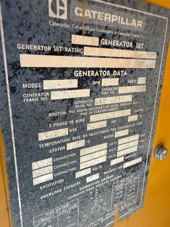 Used CATERPILLAR 105-KW 3-PHASE GENERATOR SET P/B CAT 3304T DIESEL ENGINE