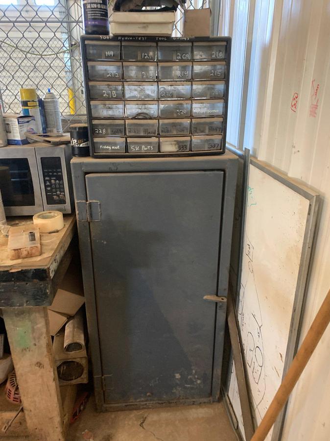 Used Husky Rolling Tool Box, 5’ x 3’ x 2’ Rolling Wooden Table , 4’ x 3’ x 2’ Paint Cabinet