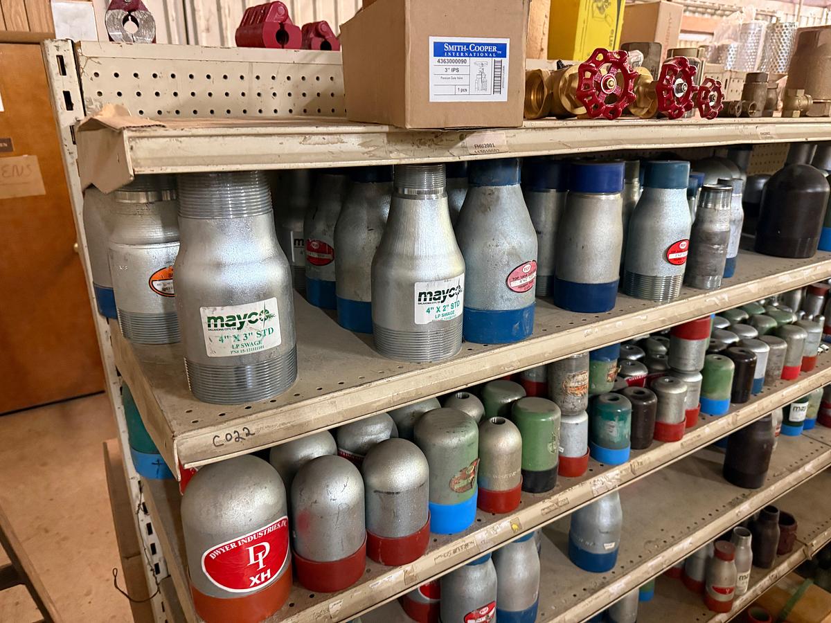 Used SECTION OF (150+) HEAVY WALL 1/2” THRU 6” PIPE SWAGES, & (7) BRASS GATE VALVES & CHECK VALVES