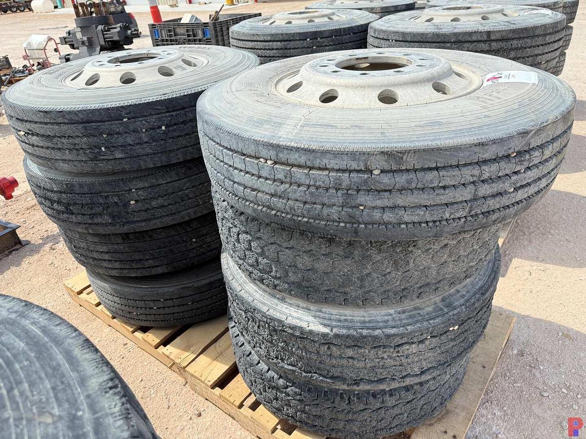 Used (8) 11R22.5 TIRES W/ ALUMINUM / STEEL PILOT WHEELS