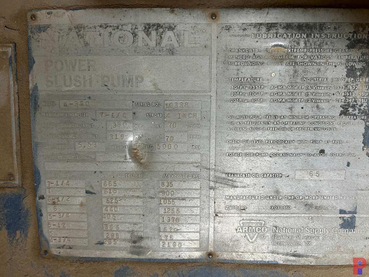 Used NATIONAL K-380 DUPLEX MUD PUMP