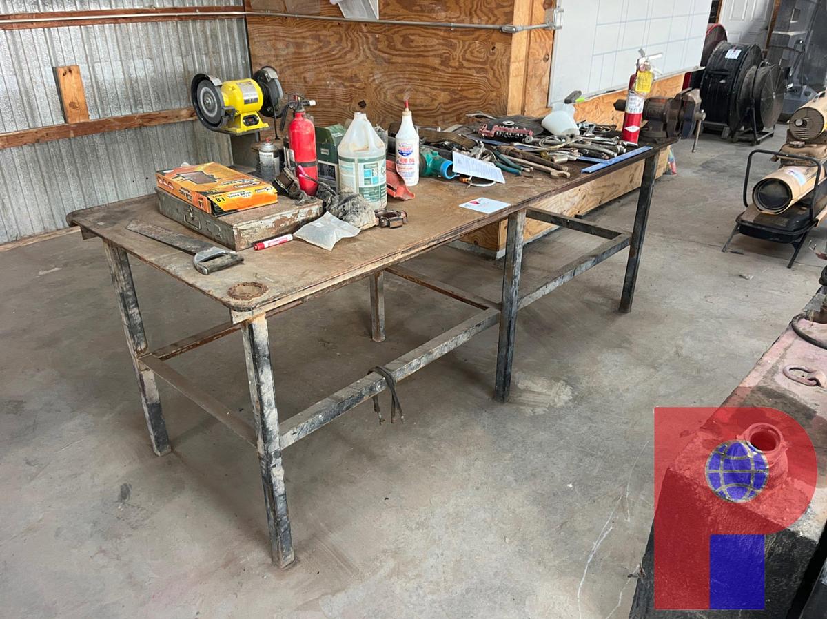 Used 8’X4’ STEEL TOP SHOP TABLE W/ CONTENTS