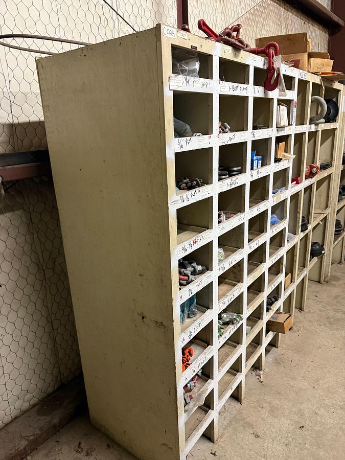 Used 8’ x 2’ x 6’ 55-BIN WOOD PARTS SHELF