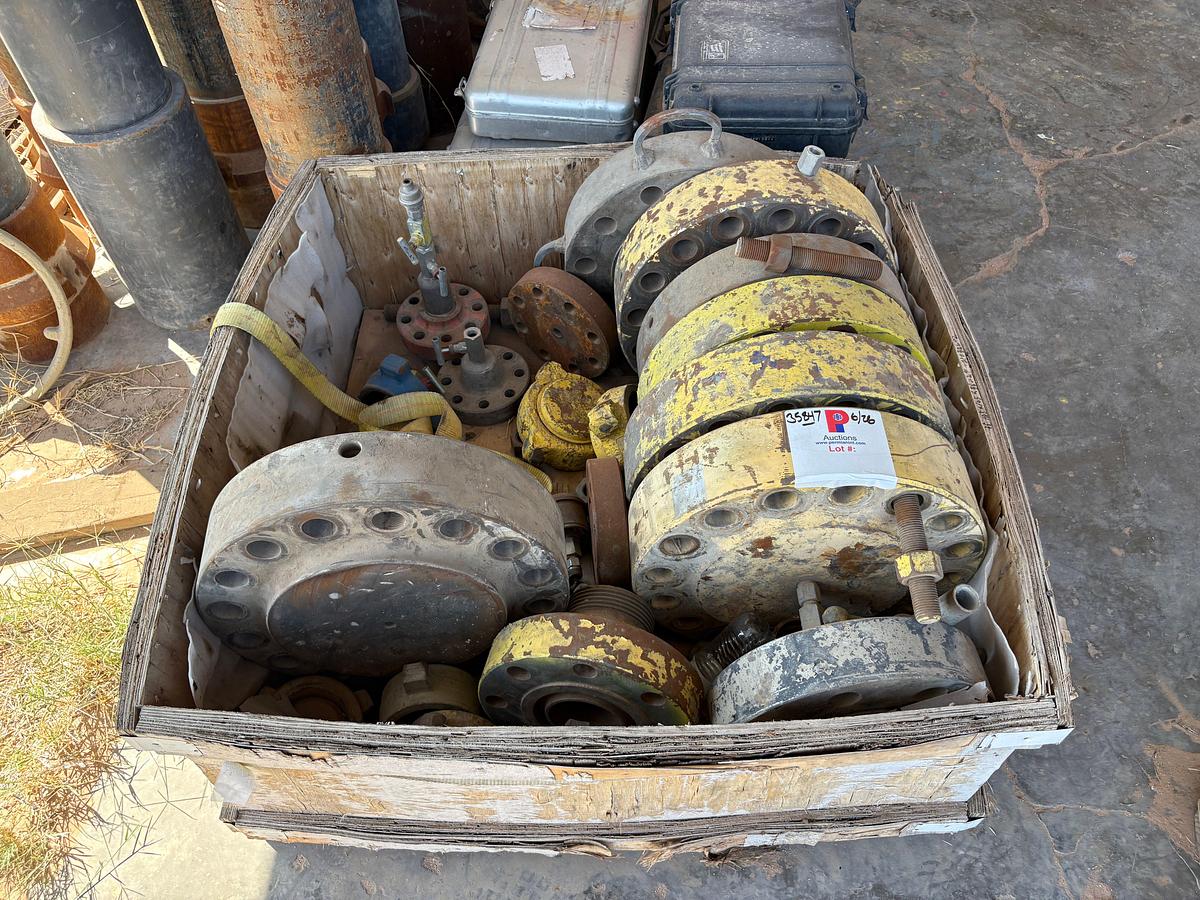 Used Crate of (8) assorted pressure test flanges w/ hammer unions, weco flange, etc
