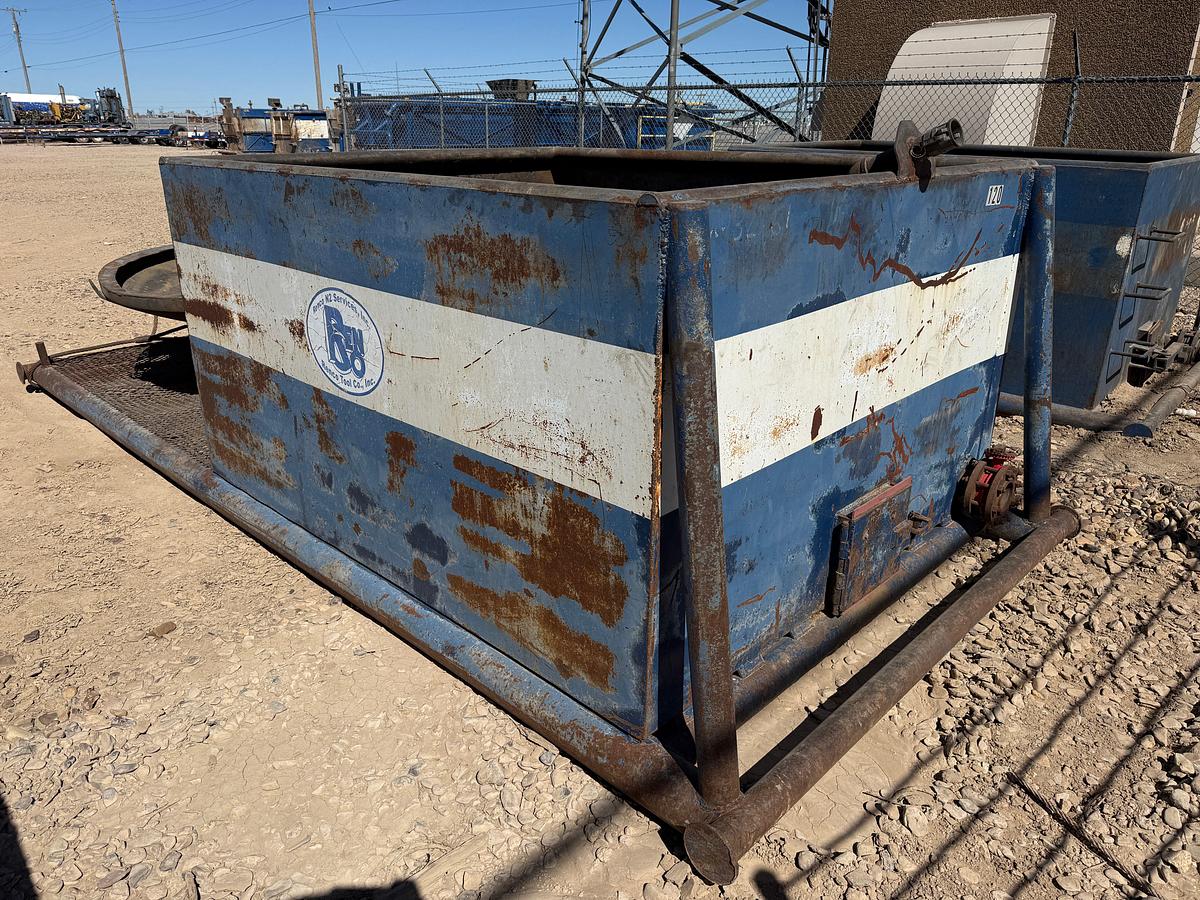 Used 30 BBL 8’ X 6’ X 4’ TANK MTD ON 17’ X 7’ SKID W/ CATCH PAN & SPOOL