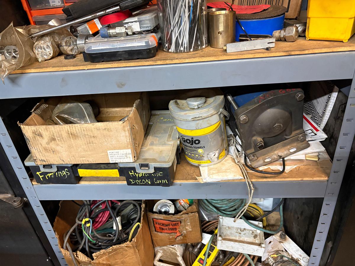 Used 3’ x 1.5’ x 6’ shelving & 3’ x 1.5’ x 6’ supply cabinet w/ contents