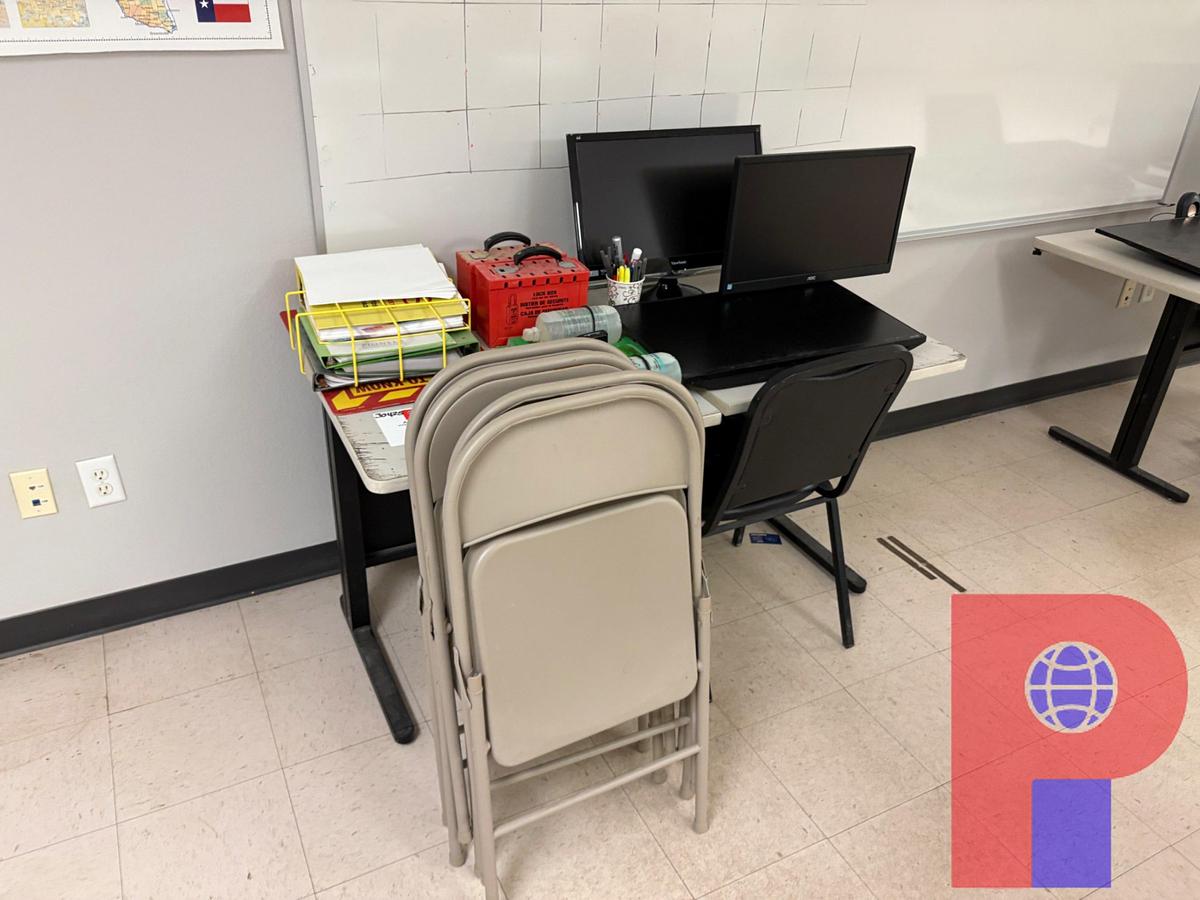Used 4.5’ X 2’ X 2.5’ DESK W/ FOLDING CHAIRS, (3) MONITORS, SAFETY EQUIPMENT