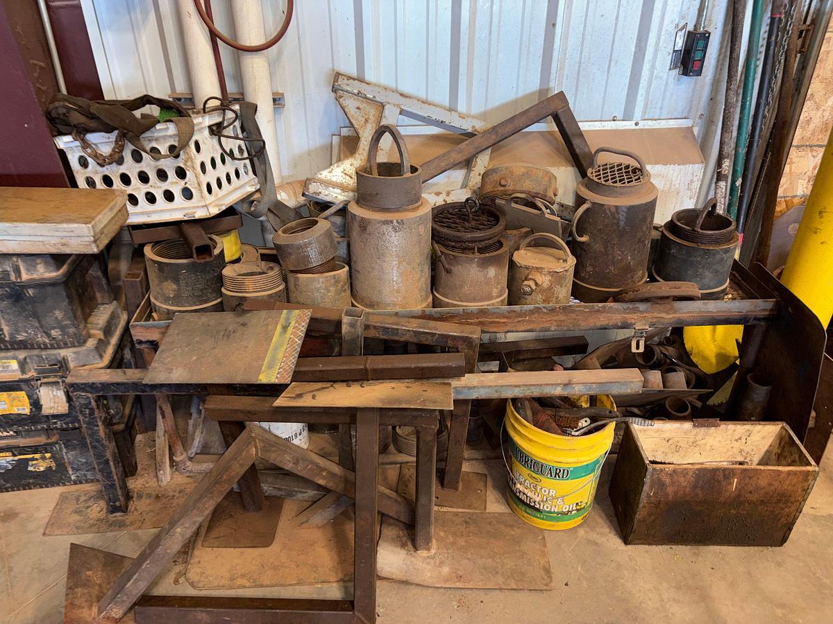 Used Lot w/ (3) job boxes w/ contents, trailer hitches, air & hydraulic hoses, safety harnesses, ladders, etc.