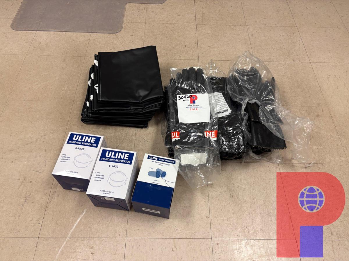 Used (4) PACKS OF UNUSED U-LINE INDUSTRIAL RUBBER WORK GLOVES, (12) APRONS, (2) BOXES OF N95 RESPIRATOR MASKS, DISPOSABLE EARPLUGS