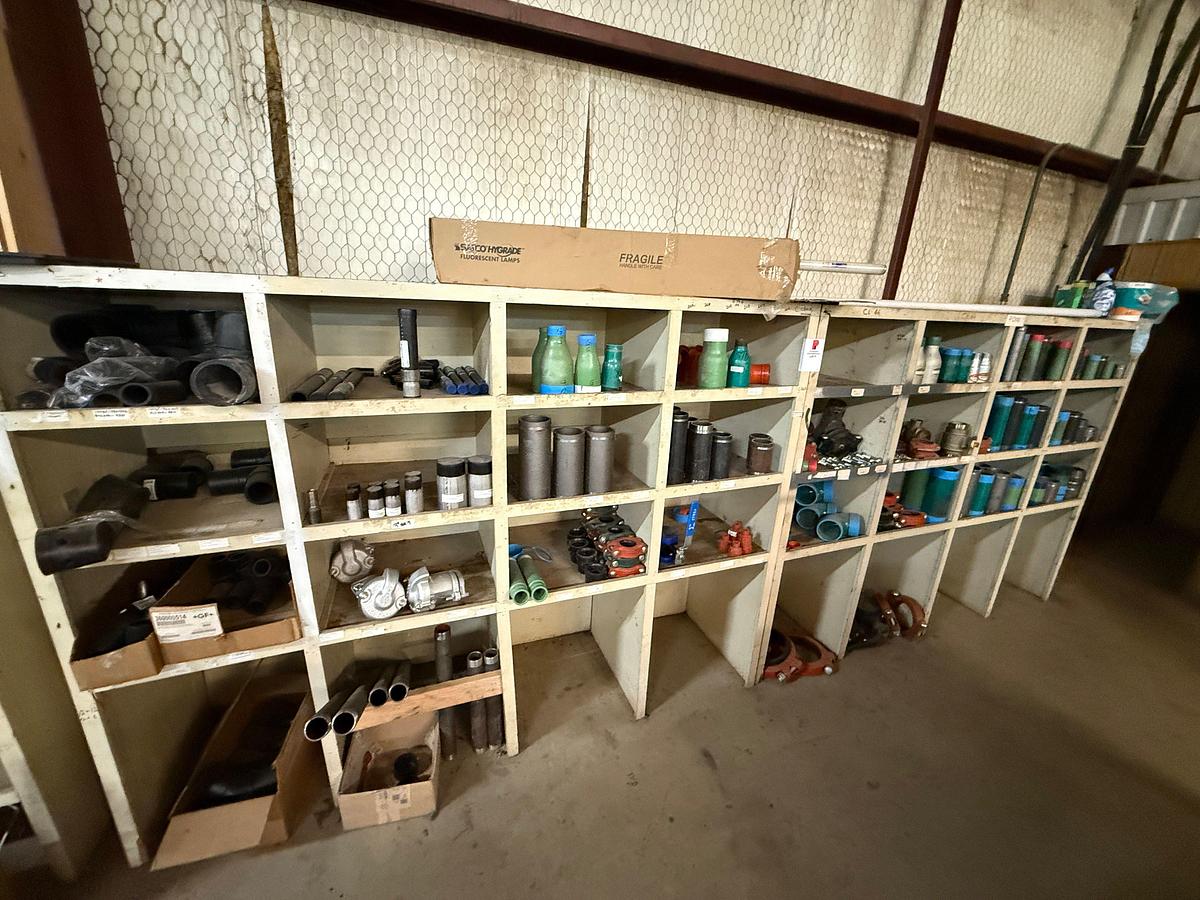 Used SECTION OF MOSTLY HEAVY WALL PVC & STEEL FITTINGS, VICTAULIC COUPLERS, SWAGES, COLLARS, NIPPLES, (3) 2” JAYCO VENT VALVES