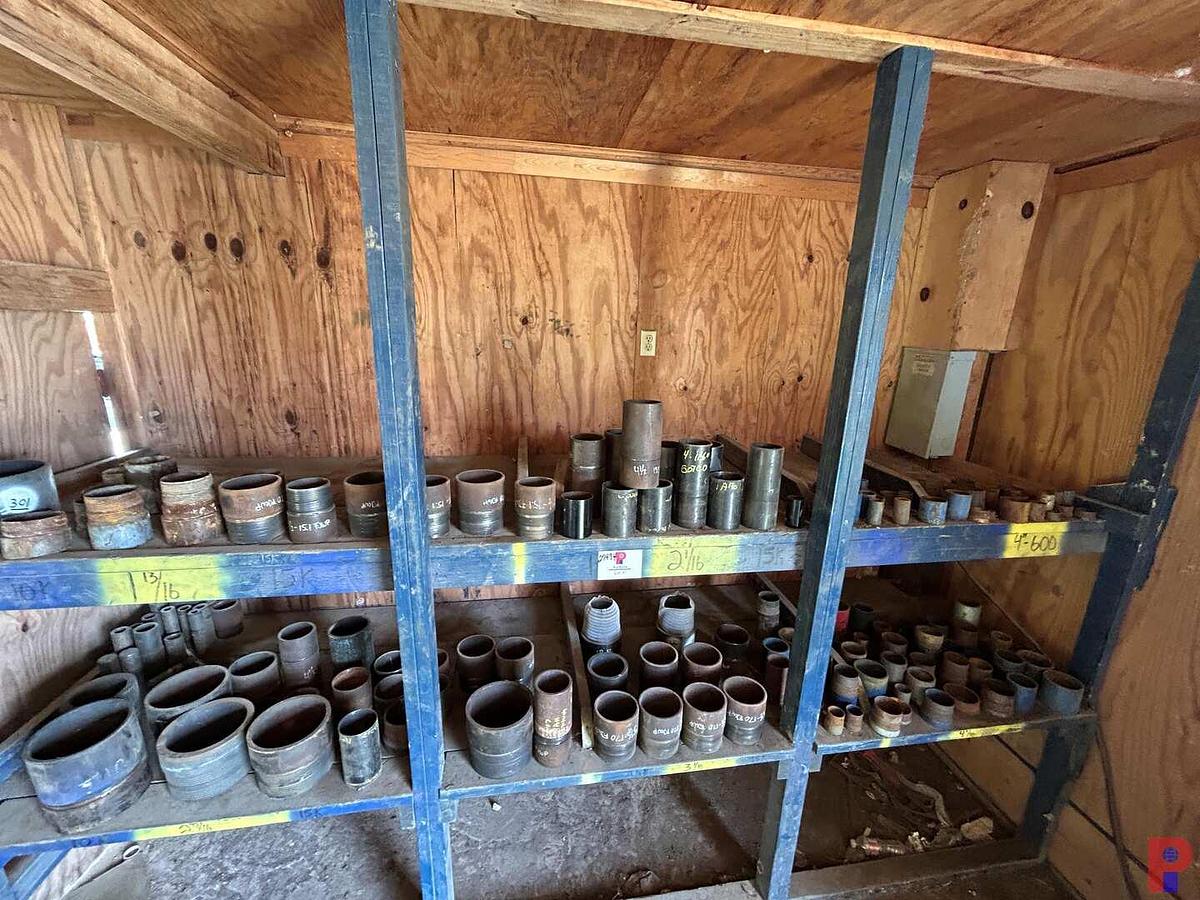 Used 2-SHELVES W/ (60 +) 1-1/2” - 8” STEEL THREAD PROTECTORS