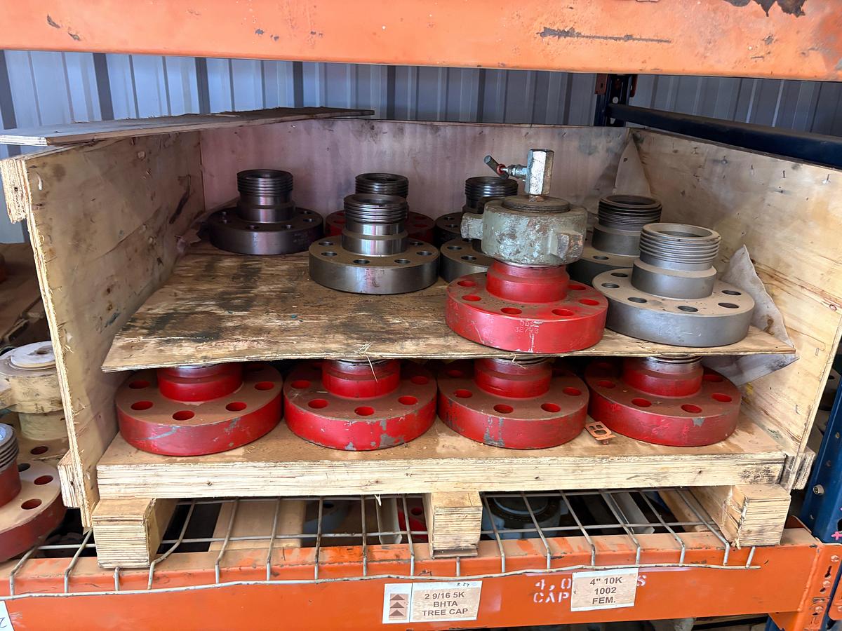 Used Contents of (4 shelves) w/ (65) assorted 2” to 4” weco flanges, casing hangers, & (38) 7” casing pup jts