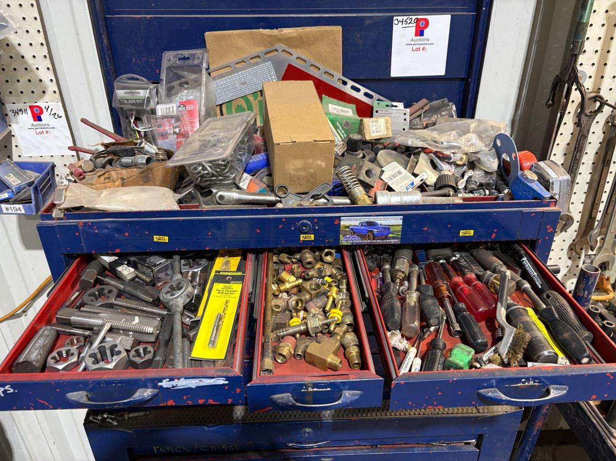 Used 34” x 18” x 60” tool box w/ contents