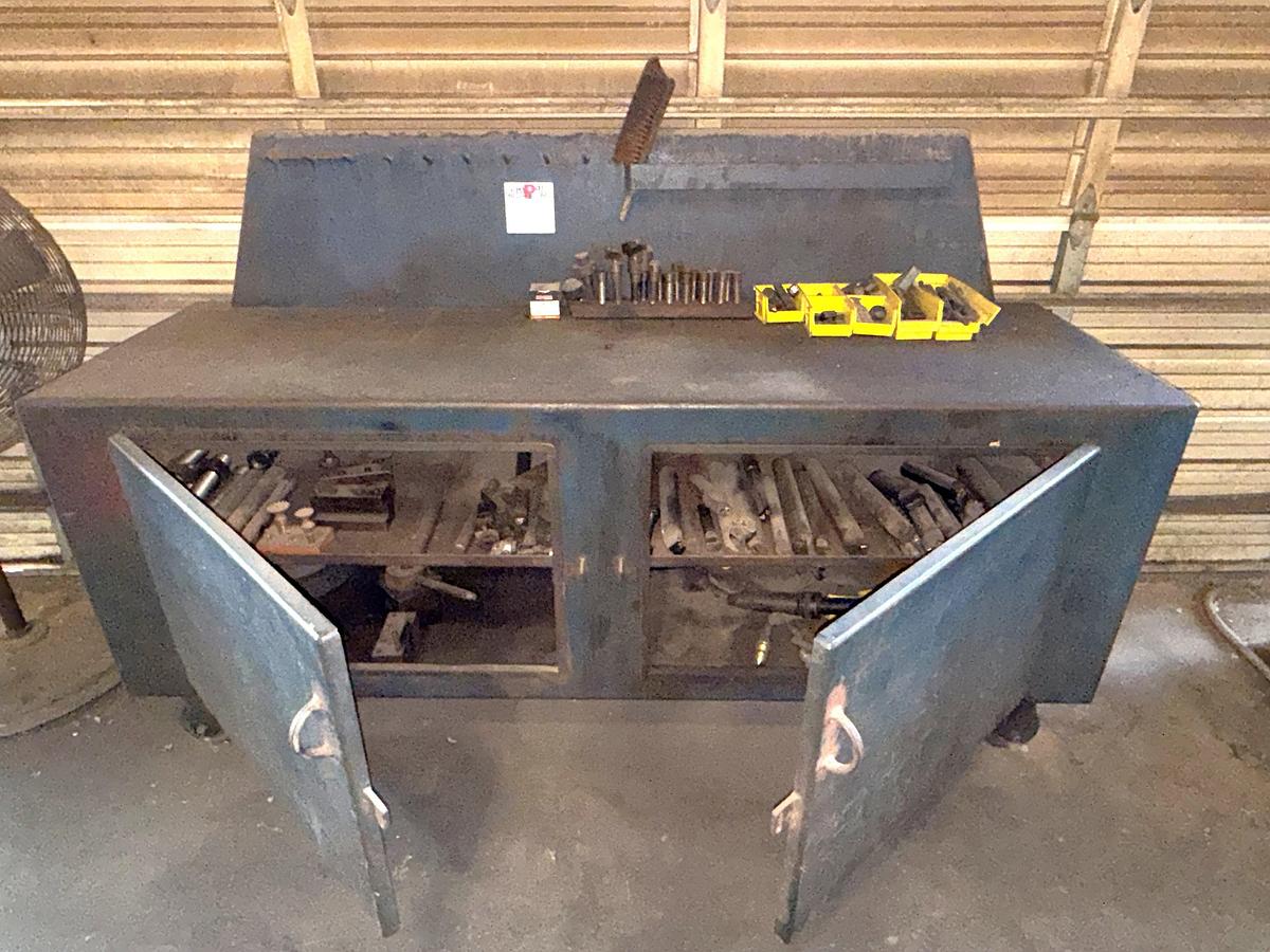 Used 8’x2.6’x3.6’ METAL ROLLING TOOL CABINET & WORK BENCH W/ LATHE TOLLING CONTENTS